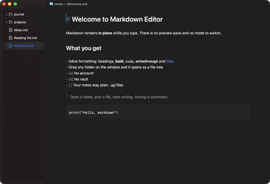 Markdown Editor with a folder of notes in the sidebar and a note rendered inline